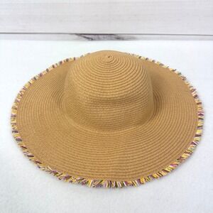 Old Navy Straw Sun Hat‎ Wide Brim Frayed Colorful Trim Beach Vacation Women L